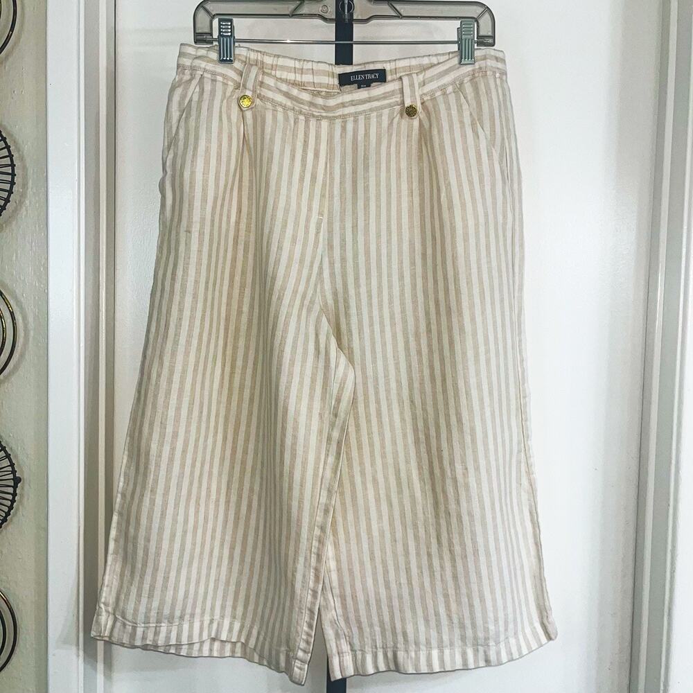 Linen Womens Capri Pants Y2K 90s Preppy Coastal Old Money -Tan White Size M